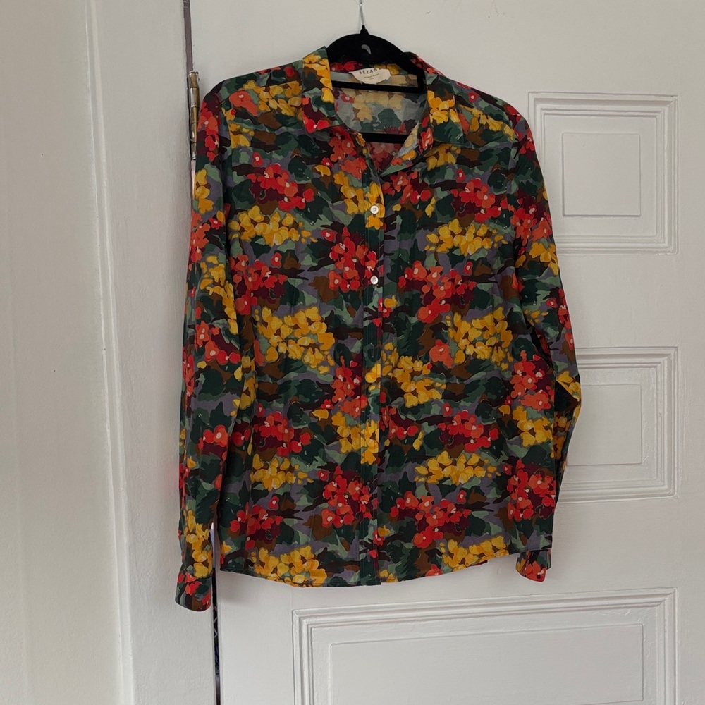 Sezane Floral Button Down Shirt - Red, Yellow, Green